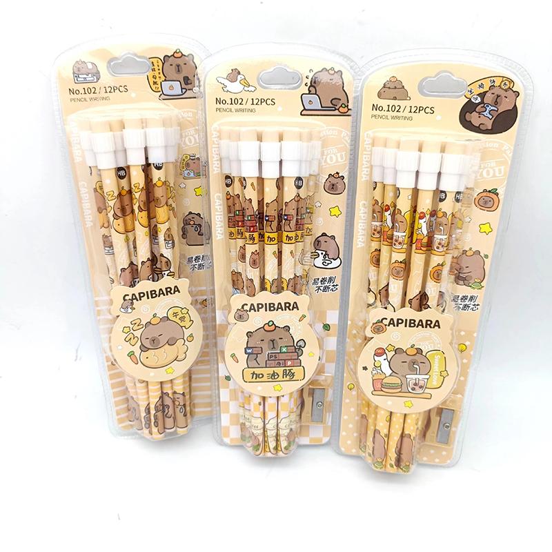 12Pcs Cute Cartoon Capybara Hb Pencils Stationery Set With Pencil Sharpener School Students Stationery Gift