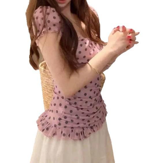 French sweet polka dot bubble sleeve niche T-shirt women's summer new slim and thin high-end mesh top