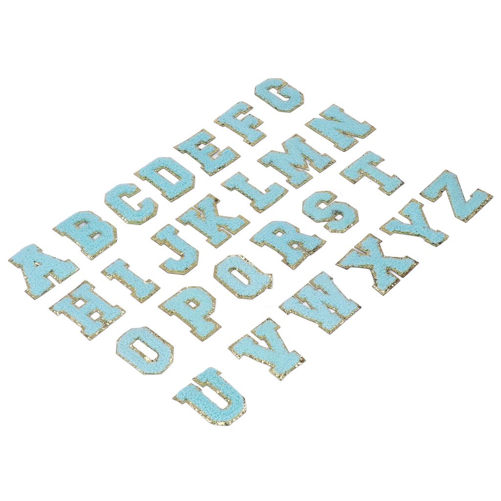 26 Pcs Iron On Letters A To Z Blue Letters Gold Glitter Border Clothing Sewing Embroidery Iron Patches Decorations
