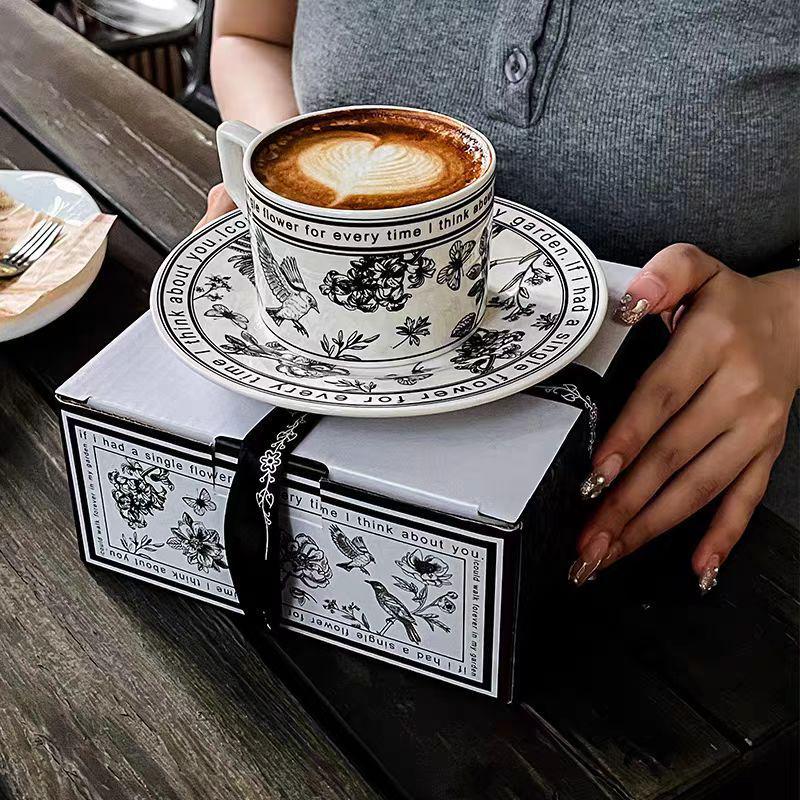 Exquisite Retro Floral Black & White Coffee Cup Set - Luxury Summer Gift Box