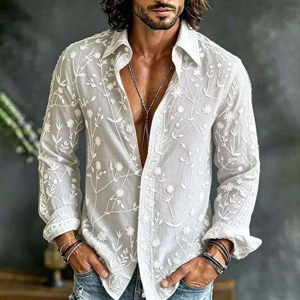 Men's Artistic Wildflower Herbal Long Sleeve Shirt in Rice White Same Color Plant Printed Collar Casual Shirt