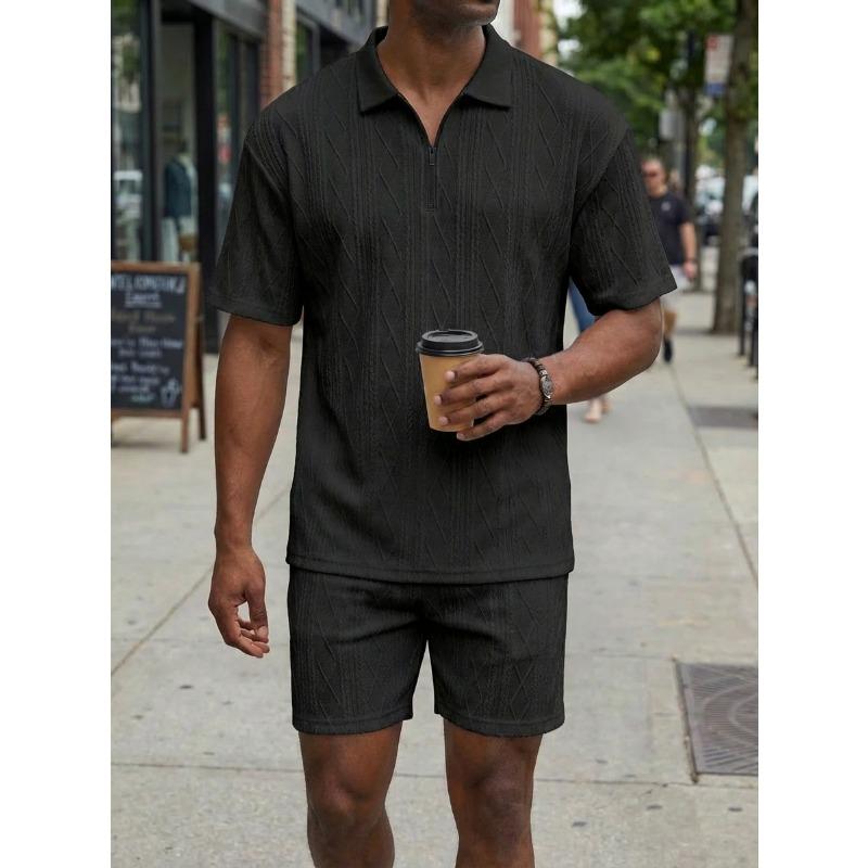 Men's Textured Knit Half Zip Polo Shirt And Shorts Two Piece Set