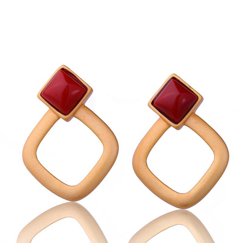 Gold-Plated Square Hollow 925 Sterling Silver Earrings with Southern Red Agate and Certificate for Women
