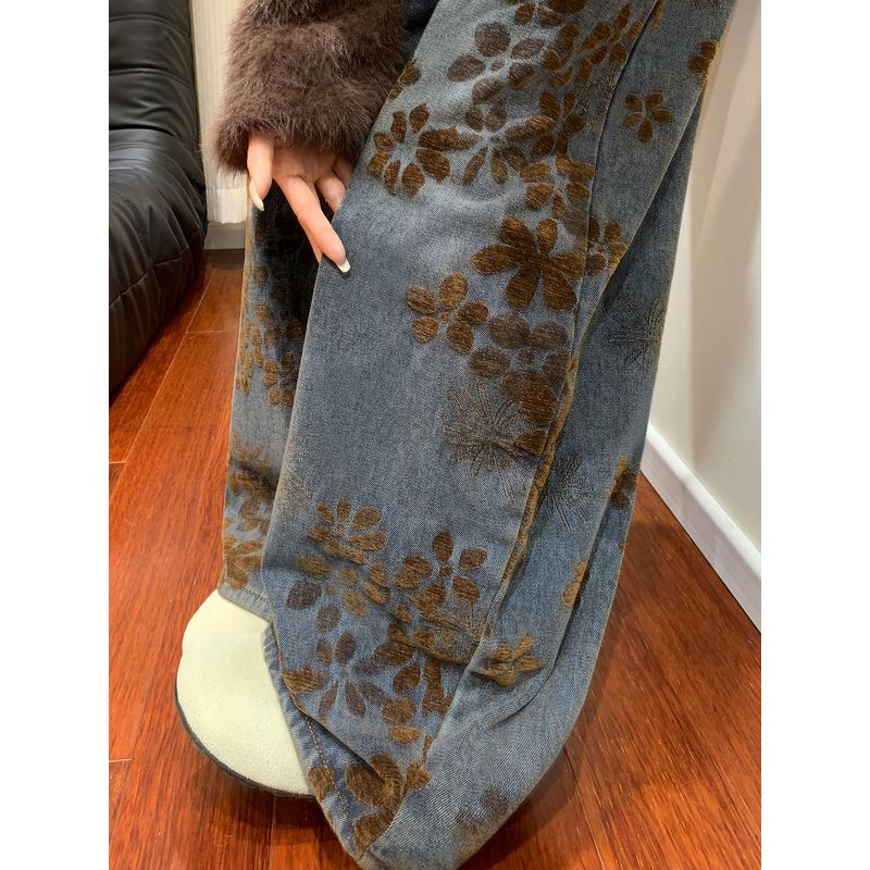 Jeans Larghi Jacquard Retro Americano da Donna, Stagione Primaverile, Design Taglie Forti, Vita Alta, Vestibilità Larga, Snellente, Pantaloni Curvi