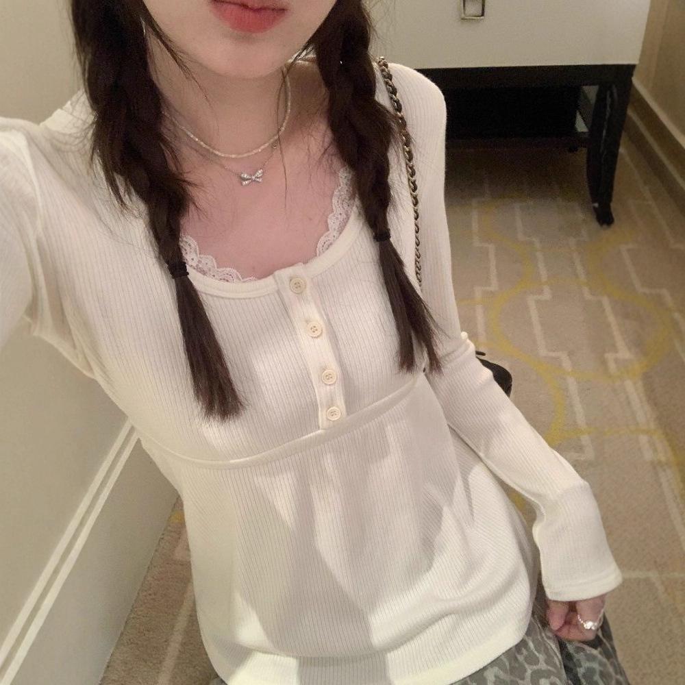 Autumn Chic Women s Lace Patchwork Long Sleeve T-Shirt Small белый