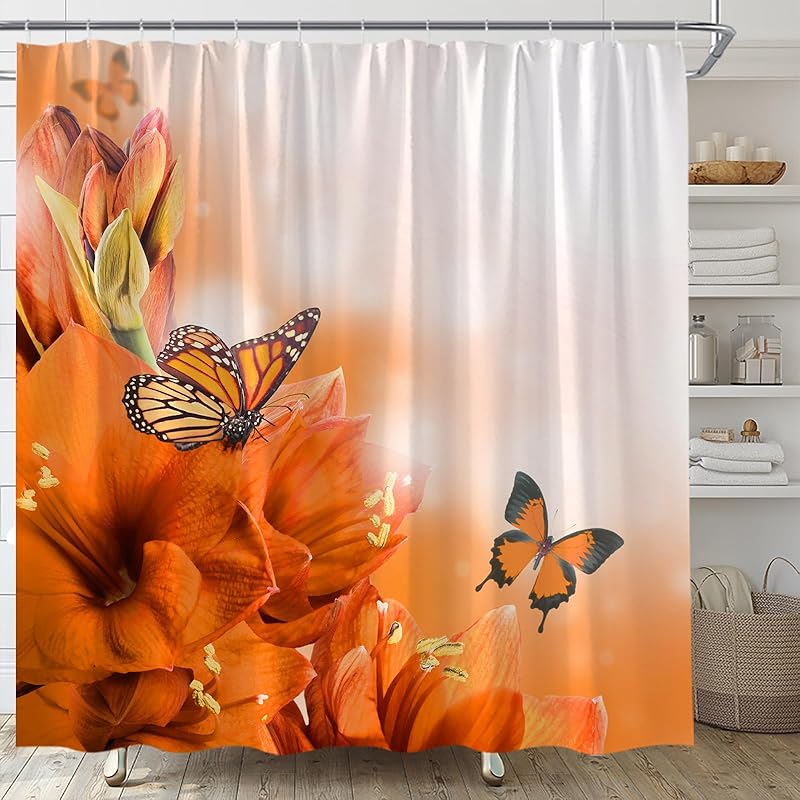 

Оранжевый Цветок Бабочка Занавеска для Душа Цветочный Весенний Природа Сад Цветение Растение Красивые Крылья Бабочек Занавески для Ванной с Крючками 70 Wx70 H оранжевый