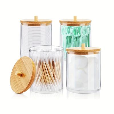 Acryl Wattestäbchenhalter Spender Gläser mit Bambusdeckeln, Wattepad Baumwollkugel Runder Wattestäbchenhalter zur Aufbewahrung und Organisation von Badezimmerzubehör