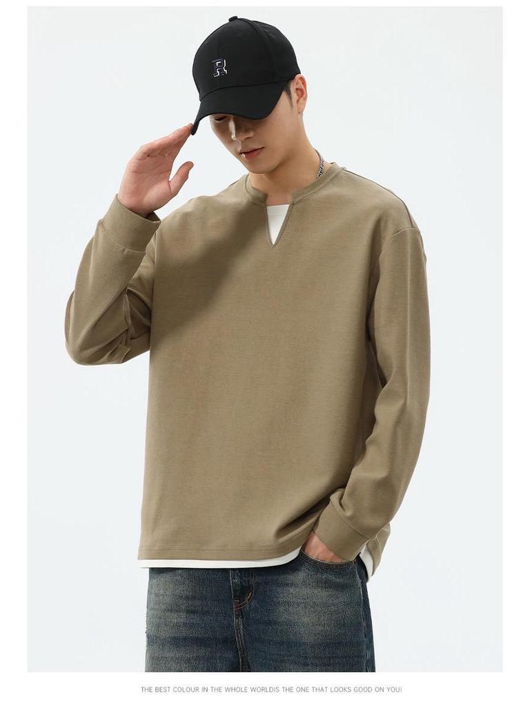 Men's Black Waffle Texture Faux Two-Piece Henley Long Sleeve T-Shirt - Korean College Style for Autumn