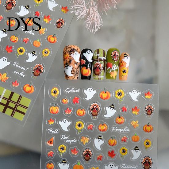 Thanksgiving Nail Decorations Art Stickers for Halloween Thanksgiving, Autumn Turkey Pumpkin Maple Manicure Decals Leaf Sticker, Embossed Waterproof