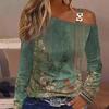 Autumn Fashion Metal Buckle Skew Collar Shirt Women Print Blouse Sexy Off Shoulder Tops Long Sleeve Clothes Blusas 29306