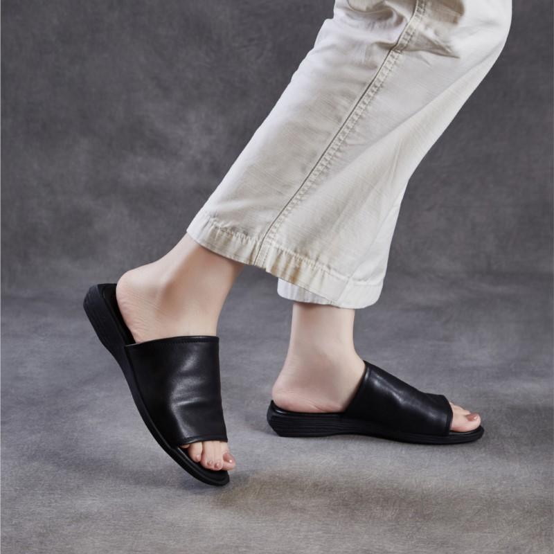 Johnature Retro Outerwear Slippers Genuine Leather Soft Soled Peep Toed Flat Women's Slides