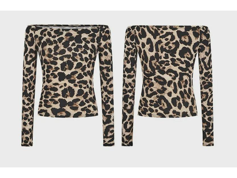 In-Stock Spicy Leopard Print Off-Shoulder Top: Waist-Cinching, Slimming, Long-Sleeved T-Shirt