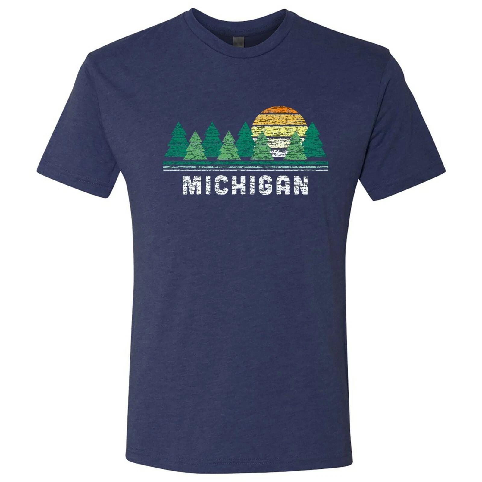 Michigan Retro Treeline - Great Lakes Nature Triblend T Shirt - Vintage Navy L