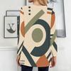 Women Plus Size Round Neck Long Sleeve Printed Blue White Loose Longline T Shirt With Pockets