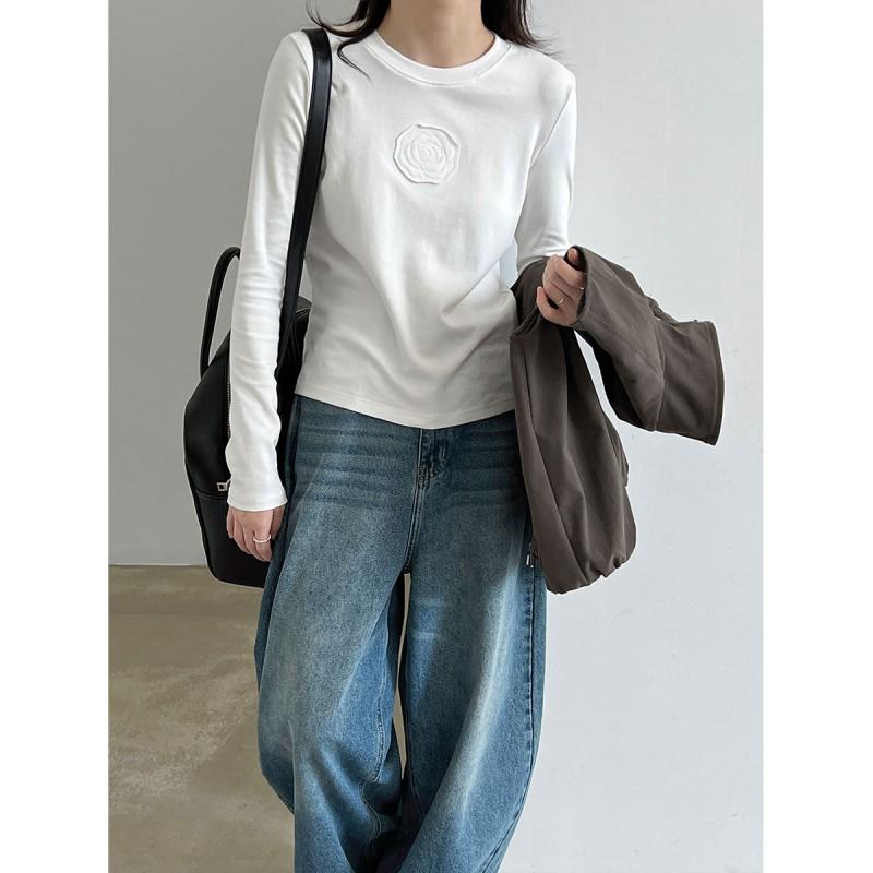 Womens Classic Round Neck Regular Fit Long Sleeve Tee With Floral Appliqu - Cotton 97% Spandex 3% Casual Korean Style