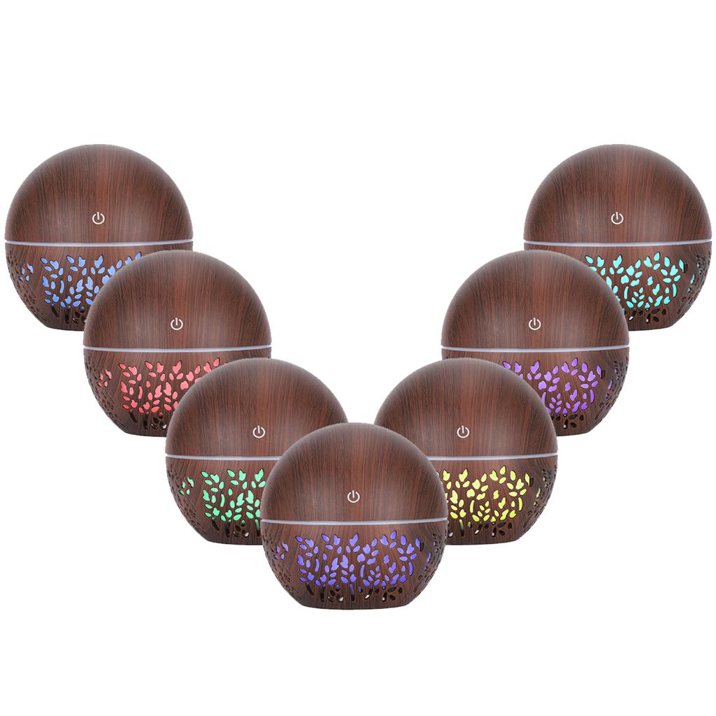 130ml Humidifier Aroma Air Diffuser Hollow Out USB 7 Color Light Low Noise Humidifier (Dark Wooden Grain)