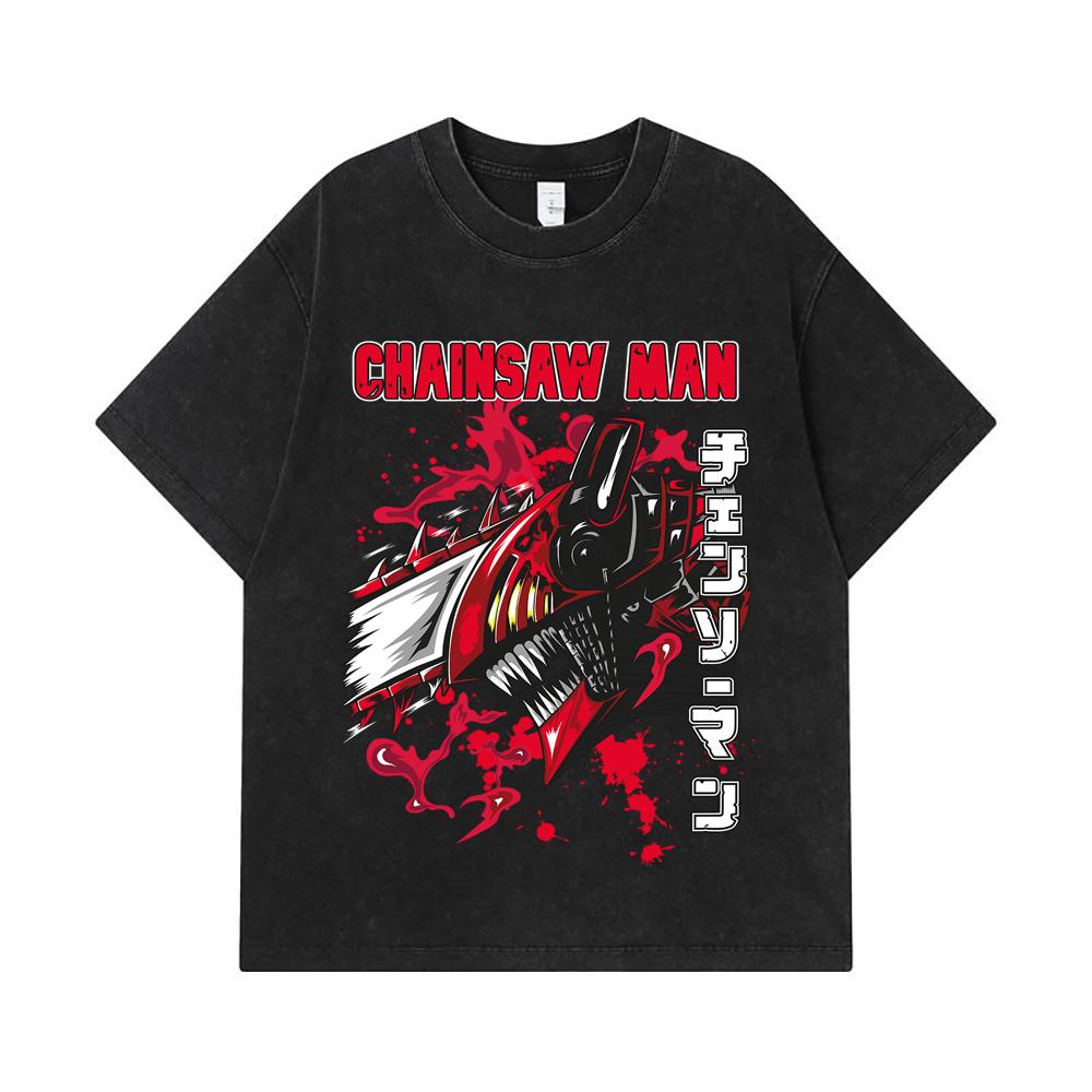 275 GSM Washed T-shirts 100% Cotton Chainsaw Man V47 Denji Print Unisex Heavy Cotton T Shirt