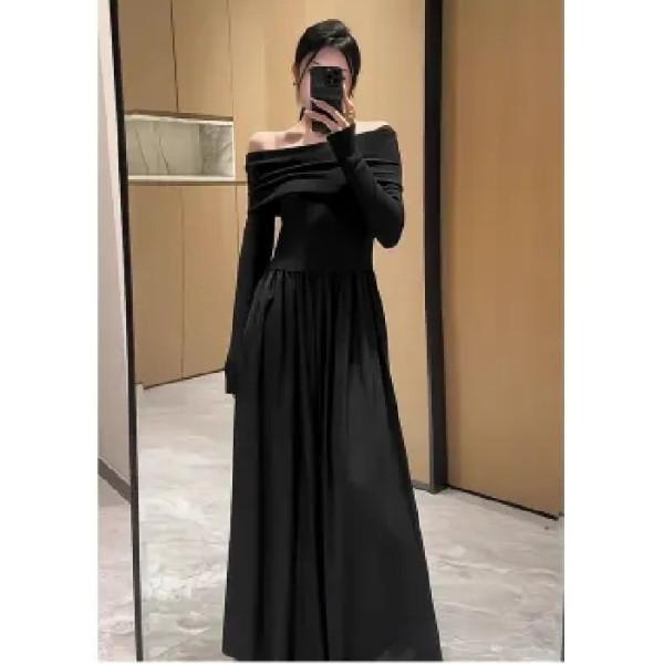 Celebrity fashion temperament lazy Internet celebrity one word shoulder long sleeves high waist splicing A word swinging foreign style dress fried