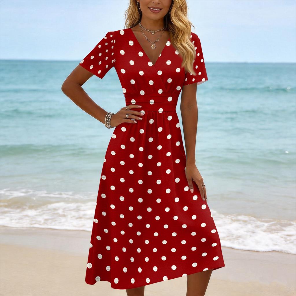Women Casual Polka Dot Print V Neck Short Sleeve Midi Dress Loose Fit Summer Fashion Lightweight Dress for Daily Wear