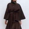 Women's Autumn/Winter Stand-up Collar Solid Color Cloak Coat with Buttoned Waist Belt