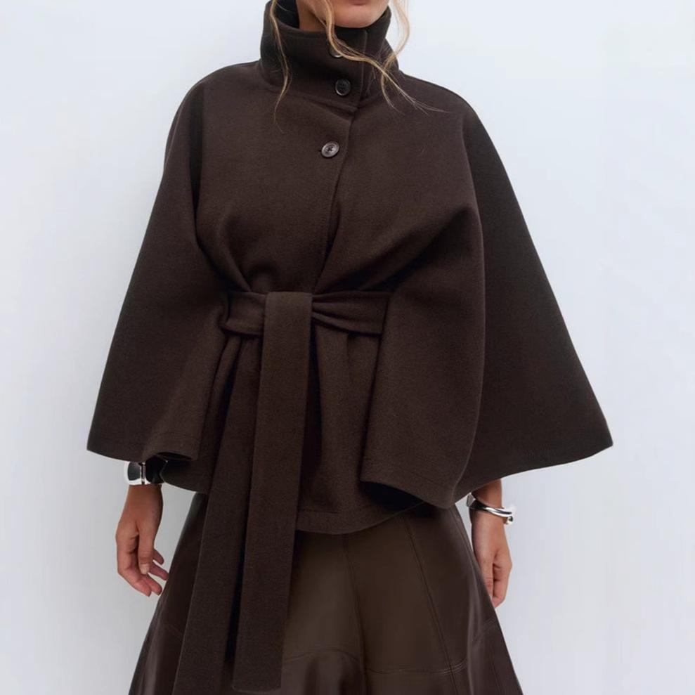 Women's Autumn/Winter Stand-up Collar Solid Color Cloak Coat with Buttoned Waist Belt