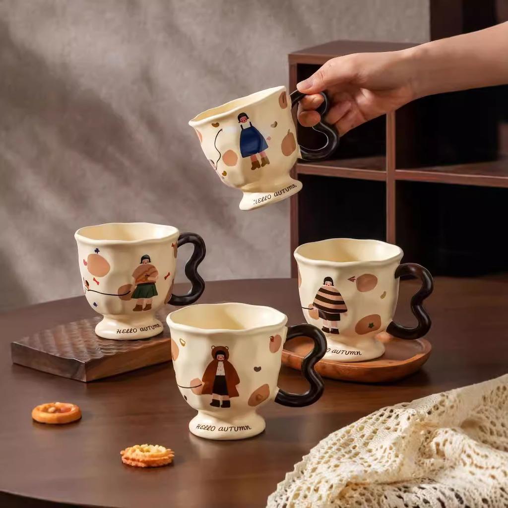Creative Cartoon Retro Family Goblet Mug Ceramic Cup High Looking Afternoon Tea Cup Souvenir Coffee