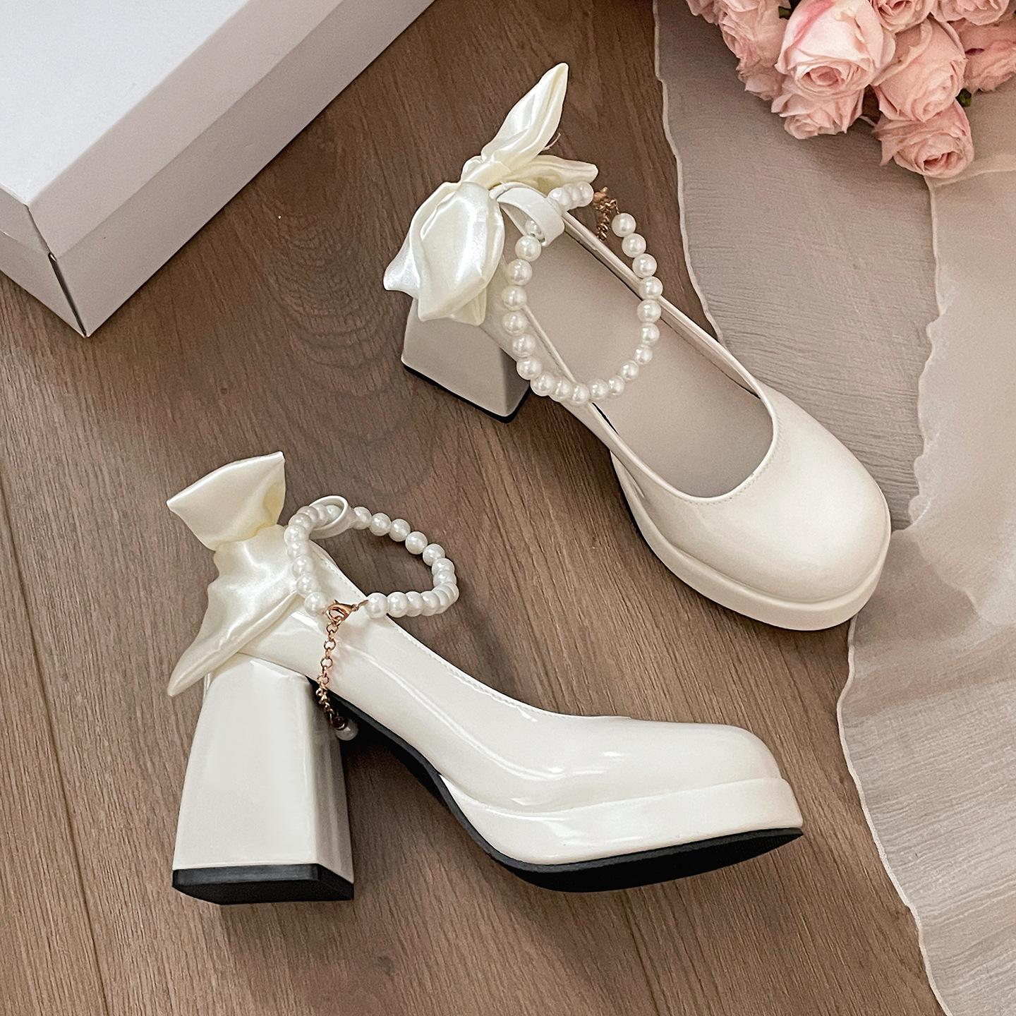 

Fashion Butterfly-knot Platform Thick Heel Women Mary Jane Shoes Ladies Concise Outdoor Pumps Spring Autumn Women s Dress Leather Shoes 35 бежевый