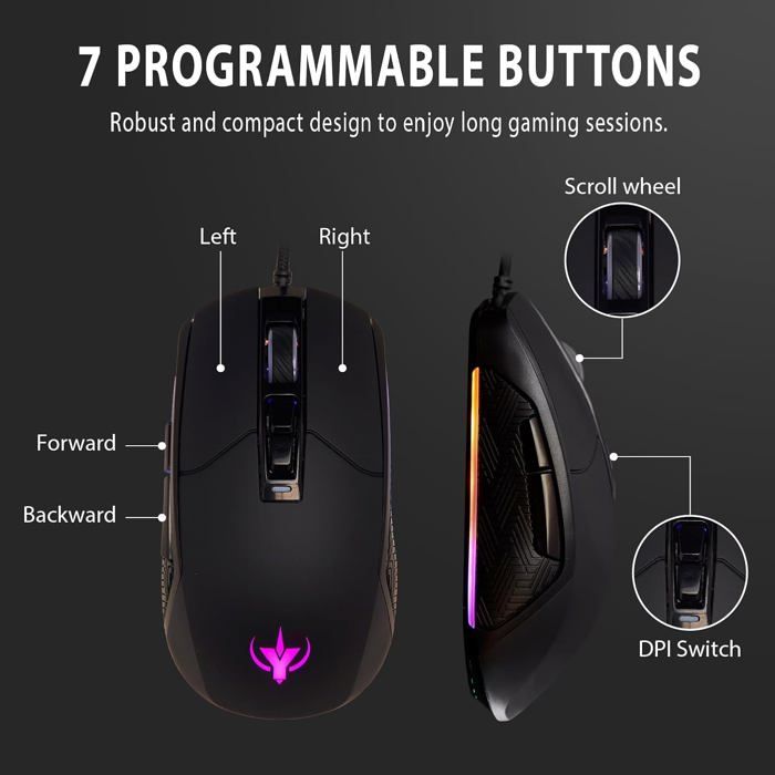 Souris de jeu - spyco - mo-101 - ergonomique - 7200 dpi - rvb 6 effets de couleur