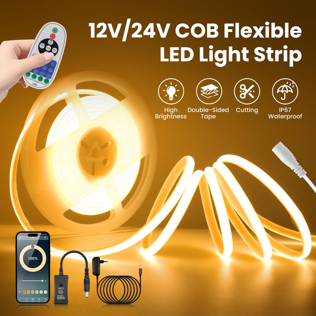 IP67 Waterproof COB Neon Strip Kit Bluetooth APP Control Dimmerable DC 12V 24V Flexible Ribbon LED Light 3000K 4000K 6000K