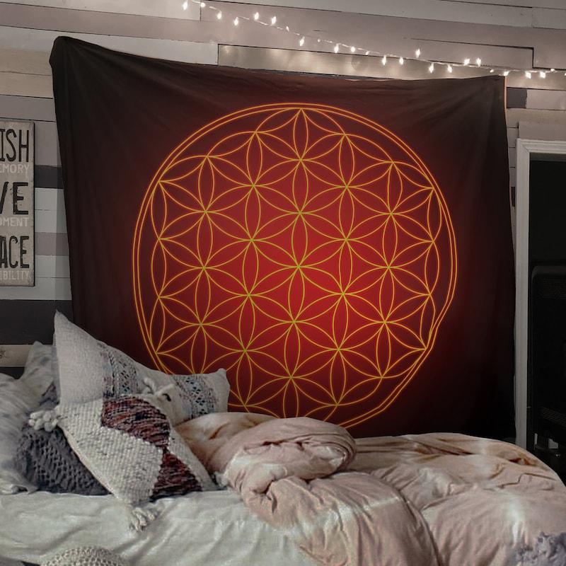 Tapestry Red Luminous Flower of Life 75x100