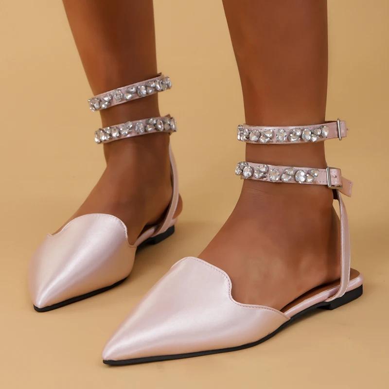 Fashion Rhinestone Ankle Strap Flat Heel Sandals Women Sexy Pointed Toe Gladiator Sandls Woman 2025 Summer Buckle Party Shoes Plus Size