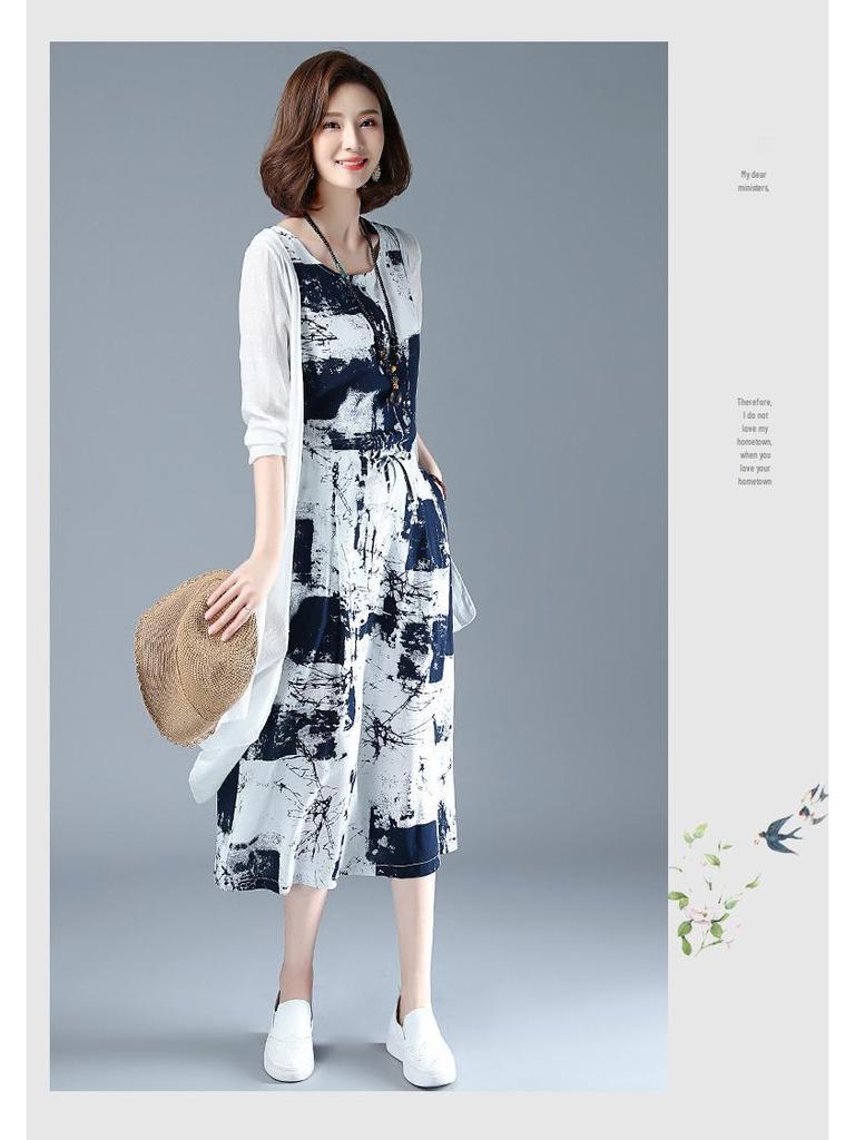 Damen 2025 Sommer Baumwoll-Leinen Tusche-Print Schal Zweiteiler Kleid-Set