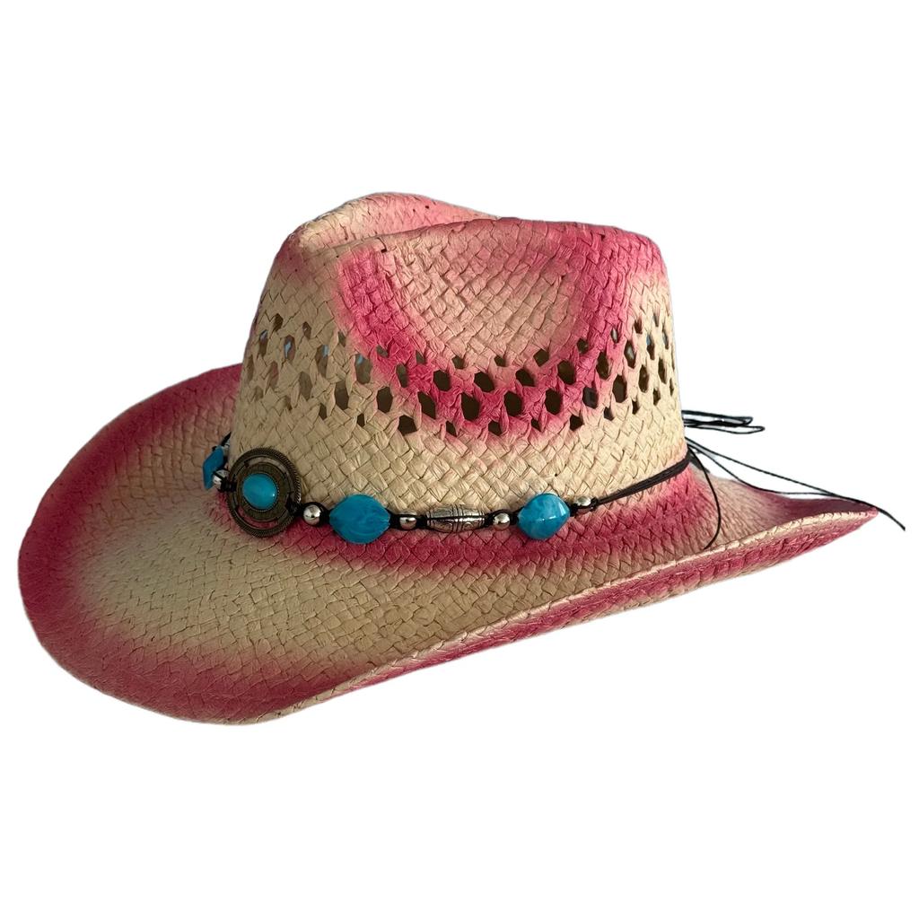 Summer Bohemia Vintage Western Cowboy Hat For Women Men Pink Gradual Change Beach Straw Hat Outdoor Wide Brim Hollow Out Sun Cap