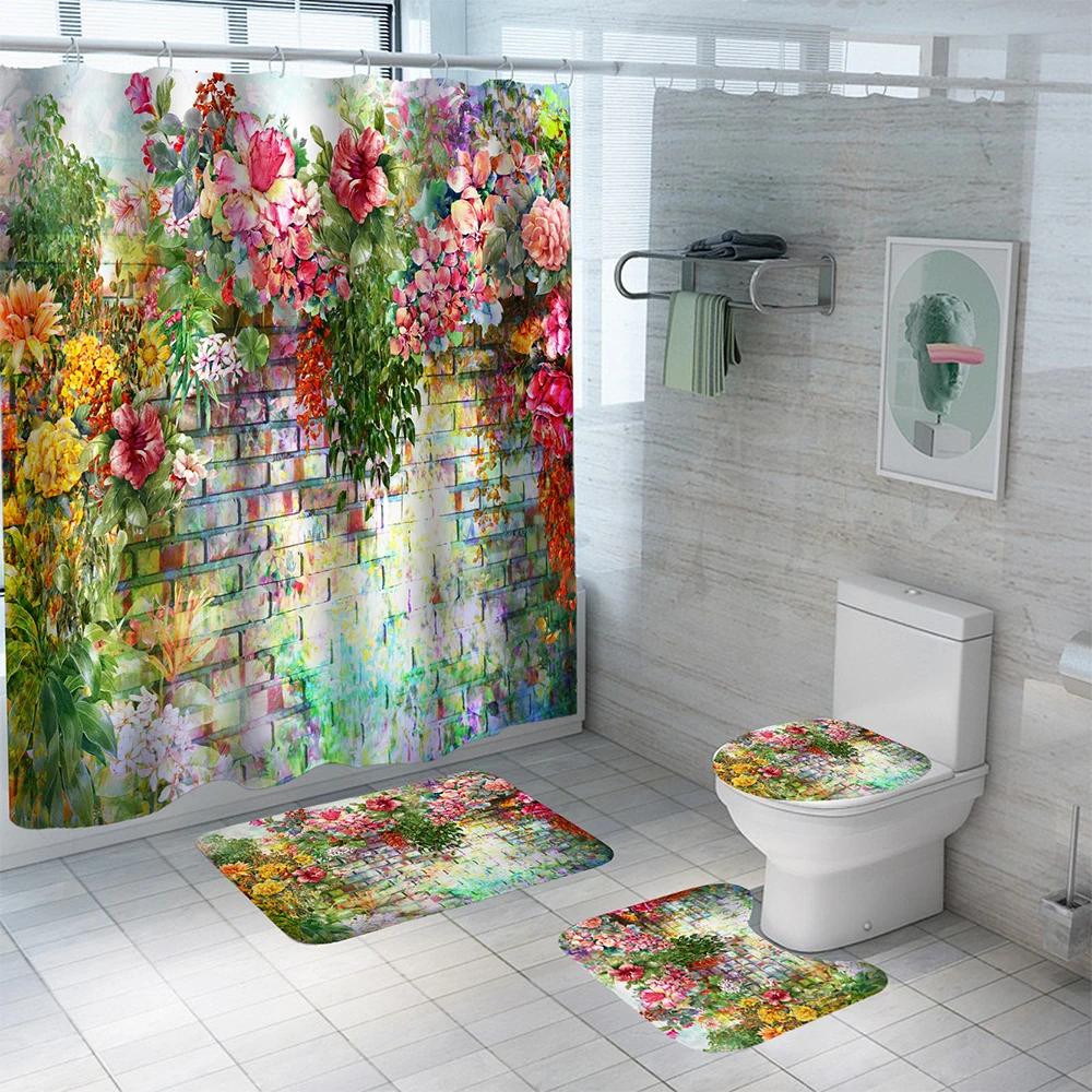 Oil Painting Flowers Waterproof Polyester Shower Curtain Set Anti-Slip Soft Bath Carpet Mat Lid Toilet Cover Bathroom Set Decor