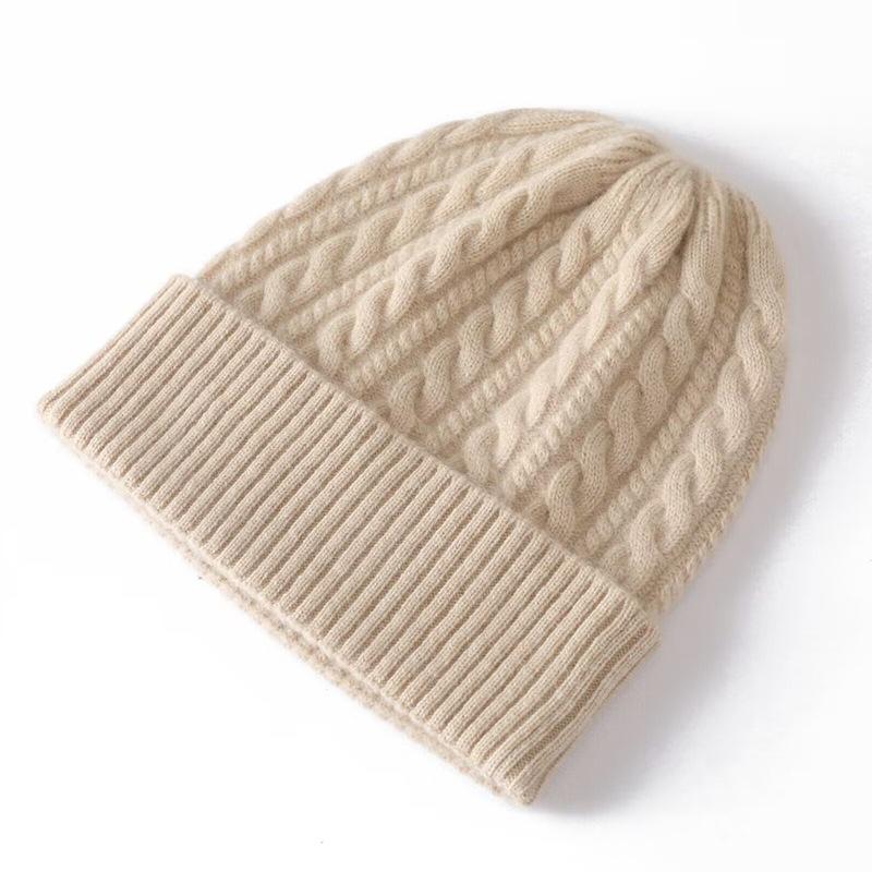 Cashmere Blend Thick Vintage Cable Beanies Women Solid Ribbed Hem Soft Knitted Cap Hat Woolen Autumn Winter Warm Skull Caps