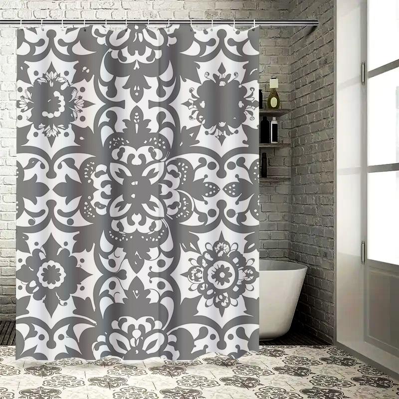 Stylish White Gray Damask Shower Curtain with Modern Bathroom Decor Design Waterproof Fabric for Bathtub Coverings (180x180cm)