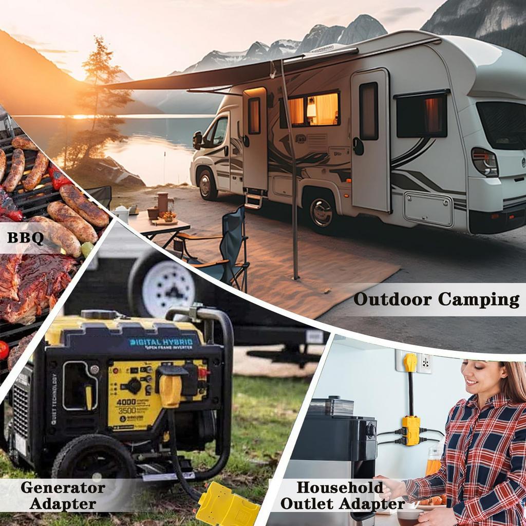 50 Amp To 20 Amp 110V RV Distribution Adapter, 240V To 120V, NEMA 14-50P To 4 X 5-20R/15R RV Generator Adapter, 4-Prong Plug To Mutiple Household