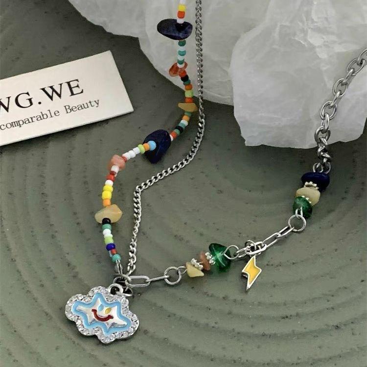 2024 New Sweet Cool Wind Colorful Stone Love Drop Glaze Necklace Women's Summer Niche Design Internet Celebrity Babes Collarbone Chain