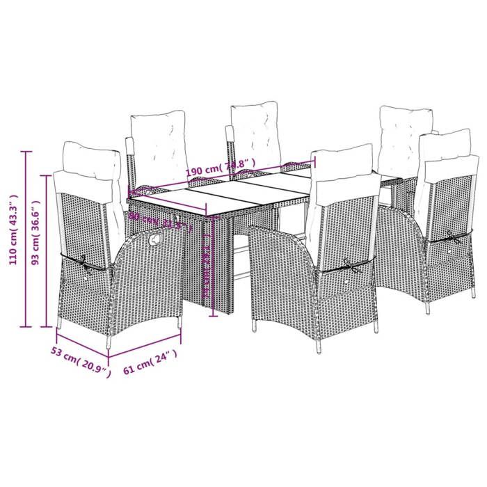 VidaXL Ensemble à Manger de Jardin avec Coussins 7 pcs, Table et Chaises avec Dossier Réglable, Meubles d'Extérieur, 3213356