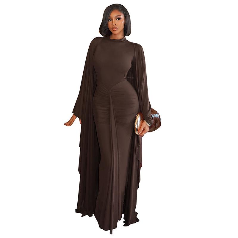 European & American Women's Backless Long Sleeve Pullover Dress with Mesh Shawl - Slimming Two-Piece Set