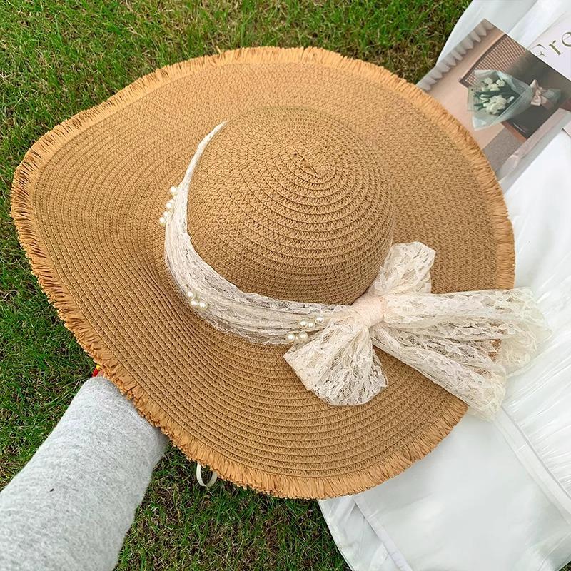 Women's Summer French Style Large Brim Sun Protection Straw Hat with Lace Bow Beach Sun Hat