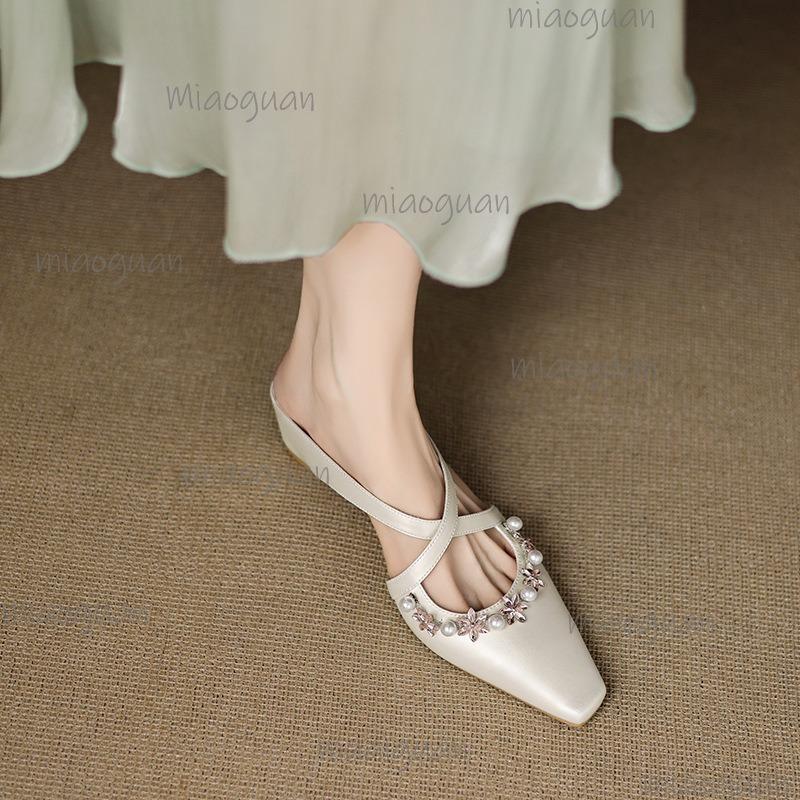 Square Toe Women's Mules Slip On Cross Straps Crystal Decor Slides Heeled Sandals Woman Slingback Luxury Pumps Beige