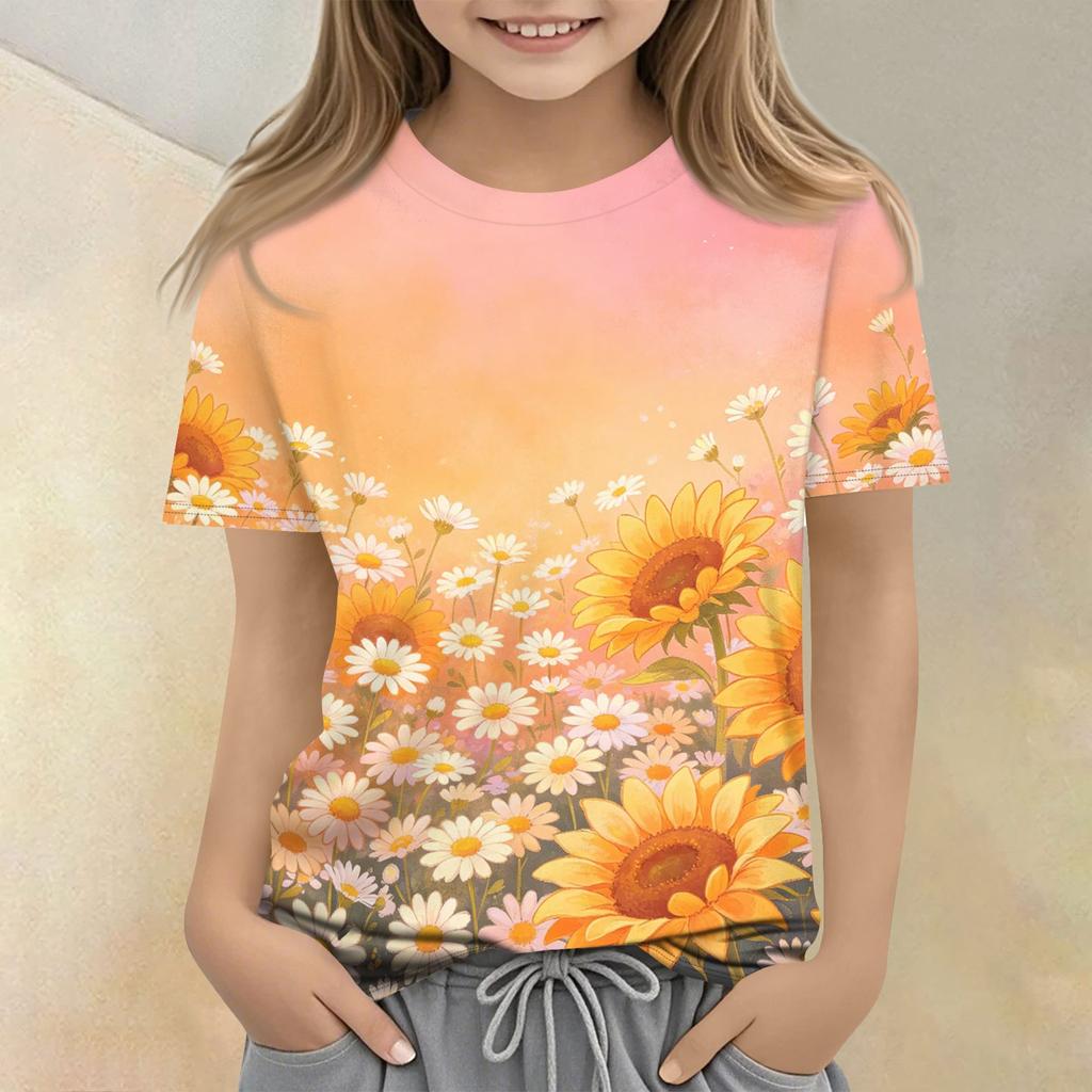 Kinder Blumenprint Rundhals Kurzarm Lässiges Lockeres T-Shirt Top Bequemer Leichter Stoff Geeignet für den Alltag