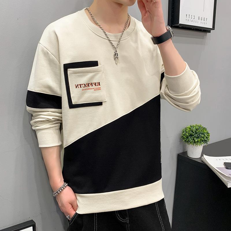 

Men s Beige Black Color Block Sweatshirt, Casual Pocket Detail Long Sleeve Pullover Top M чёрный