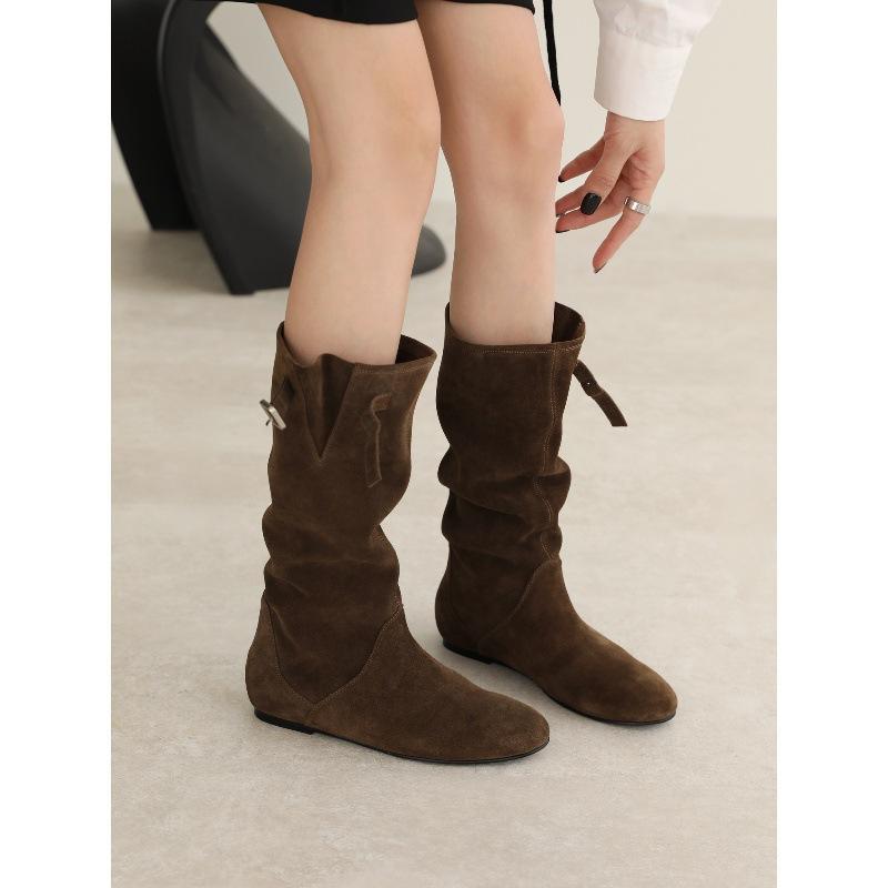 

Версия из коровьей кожи~ Облегающие ботинки на скрытой платформе Ботинки-рыцари из замши Женские ботинки до колена с круглым носом Складные ковбойские ботинки 43