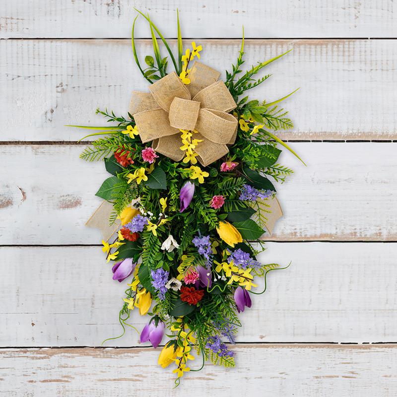 Charming Floral Spring Door Wreath With Elegant Hanging Design And Tulips Lavender