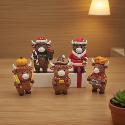Christmas Highland Cattle Statue Thanksgiving Day Pumpkin Highland Cow Figurine Sculpture Home Office Desktop Decoration Ornament