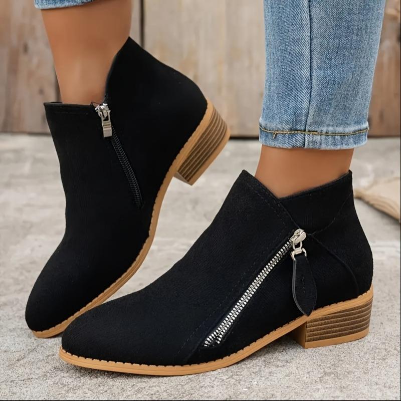 Ladies' Retro Solid Color Ankle Boots -1.57-inch Thick Heel Ankle Boots - Comfortable All Season Thick Bottom Side Zipper Pointed Boots