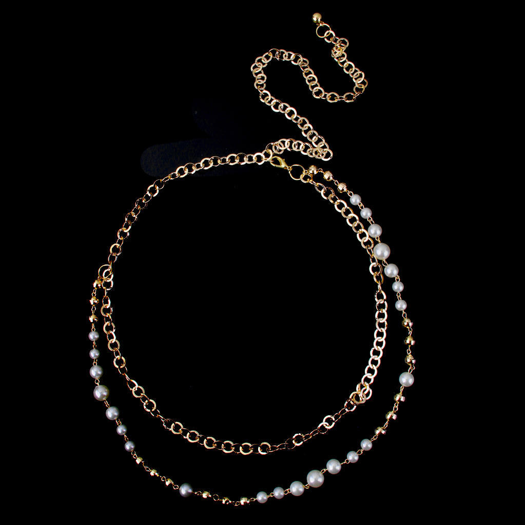 TwoRows Pearls Beaded Belt Body Belly Waist Chain Bikini Beach Golden