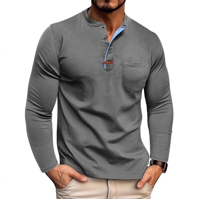 New Long-sleeved Henry Shirt Men's Round Neck T-shirt Color-blocking Fashion Casual Casual